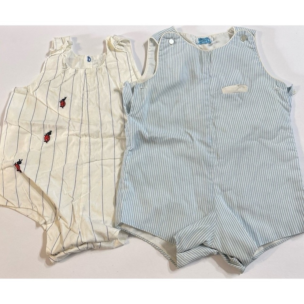 Vintage Baby Boy Romper Bundle (2 outfits) Blue Pinstripe & Little Bugs